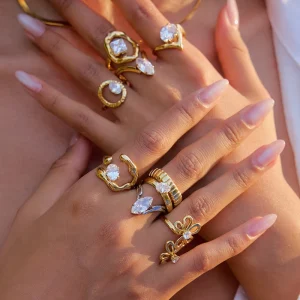 Fashion 18K Gold Stainless Steel Ring Adjustable Crystal Zirconia Rings Jewelry for Women
