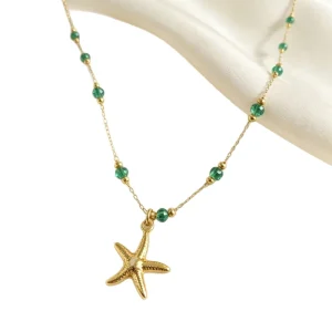 Fashion 18k Gold Plated Jewelry Waterproof Stainless Steel Star Pendant Necklace Chain Link Green Zircon Starfish Necklace