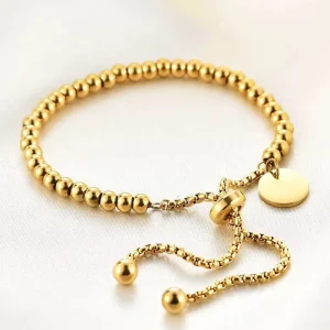 Fashion 18k Gold Plated Round Pendant Accessories Bracelet Adjustable Stainless Steel Beads Beaded Chain Bracelets
