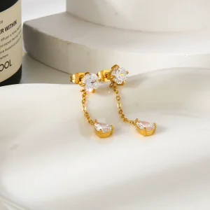Fashion 18k Gold Plated Water Drop Zircon Pendant Chain Tassel Stainless Steel Earrings Dainty Jewelry for Women