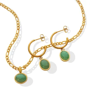 Fashion 18k PVD Gold Plated Stainless Steel Figaro Chain Nature Stone Pendant Necklace and Earring Jewelry Sets