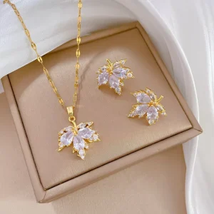 Fashion 2 Pcs Set Cubic Zirconia Leaf Stud Earrings Stainless Steel Link Chain CZ Maple Leaf Pendant Necklace Jewelry Set
