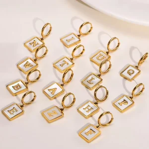 Fashion 26 Letters Square Pendant Earrings Waterproof Stainless Steel Shell Letter Name Initial Earrings DIY Jewelry Party Gift