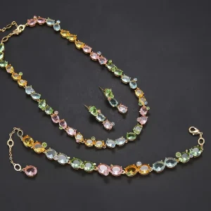 Fashion 3 PCS Crystal Cubic Zirconia Women’s Party Jewelry Set Gold Necklace Earrings Bracelet CN115581T for Costume Accessories