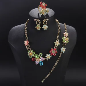 Fashion 4 PCS Copper Crystal Cubic Zirconia Women’s Party Wedding Jewelry Set Necklace Earrings Bracelet for Costume Accessories