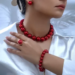 Fashion 4-Piece Women’s Alloy Pearl Jewelry Set with Necklace Earrings Bracelet & Ring Wedding Party & Gift Jewelry