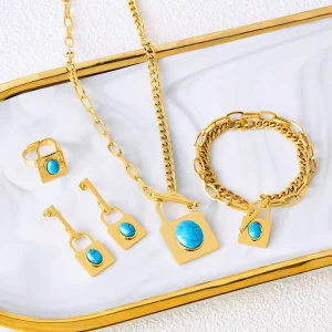 Fashion 4pcs Non Tarnish 18k Gold Plated Stainless Steel Turquoise Lock Necklace Earrings Jewelry Set for Women