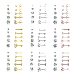 Fashion 5 Pairs Stainless Steel Round Cubic Zirconia Flat Back Screw Back Earrings for Men Women Diamond Stud Earrings Jewelry
