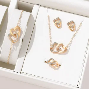 Fashion 5 Piece Jewelry Set Gold Rhinestone Heart Shaped Decorative Earrings Necklaces Bracelets Ring Jewelry Set for Women