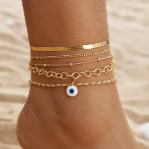Fashion 5pcs Women Jewelry Blue Eyes Pendant Snake Chain Pearl Star Multilayer Anklet Set