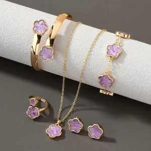 Fashion 5pcs set Five Leaf Clover Colorful Women Jewelry Sets Flower Bracelet Bangle Ring Earrings Necklace Sets
