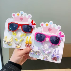 Fashion 7 Piece Set for Little Girls Cute Children Necklace Bracelet Sweet Sunglasses Hair Ties with Temperament Card