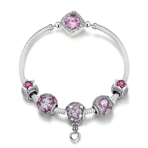 Fashion 925 Silver Jewelry DIY Crystal & CZ Pink Stone Beads Charm Bracelets for Women Snake Chain Bangles