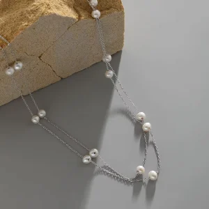 Fashion 925 Sterling Silver Double Layer Link Chain Natural Freshwater Pearl Bead Women’s Necklace Gifts Jewelry