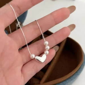 Fashion 925 Sterling Silver Glossy Lovely Heart Freshwater Pearl Choker Necklaces for Women