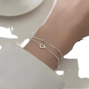 Fashion 925 Sterling Silver Heart Bead Bracelet Jewelry Two Layer Cross Chain for Women’s Gift