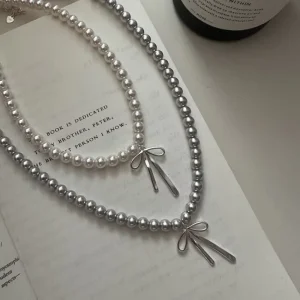 Fashion 925 Sterling Silver Simulated Pearl Beaded Big Bowknot Charm Necklaces Women Girl Fine Jewelry
