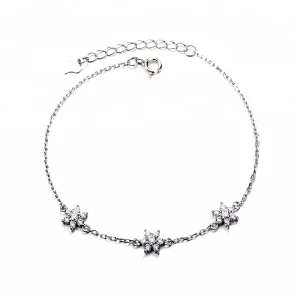 Fashion 925 Sterling Silver Three Flower Bracelet Daisy Bangle Chain with CZ Stone for Girls