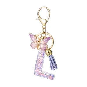 Fashion A Z Initials Letter Keychain Tassel Butterfly Pendant for Wallet Backpack Handbags Women