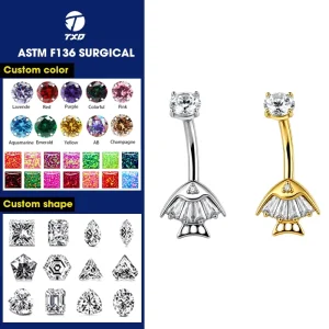 Fashion ASTM F136 Titanium Baguette Cut Zircon Skate Fish Navel Ring Internal Thread Body Piercing