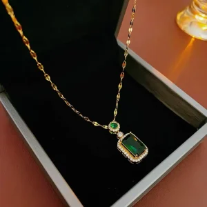 Fashion Accessories Jewelry Crystal Emerald Green Pendant Necklace Set Gold Plated Jewelry