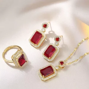 Fashion Accessories Jewelry Red Gem Zircon Copper Pendant Stainless Steel Chain 18K Gold Plated Jewelry Set