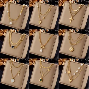 Fashion Accessory Jewelry Stainless Steel Multi Layer Chain Link Necklace Cross Heart Pearl Pendant Charms Necklace