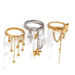 Fashion Adjustable Stainless Steel Beaded Tassel Zircon Ring for Women Handmade Trendy Rings Gold Plated Fashion Jewelry