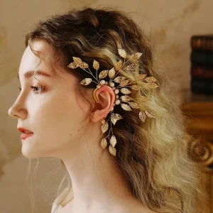 Fashion Alloy Ear Wrap Handmade Earring Leaf Copper Wire Crystal Bead Decoration Ear Cuff for Women