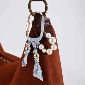 Fashion Bag Charm Fabric Knot Detail and Pearl Beads Metal Carabiner Key Chain Bag Charm for Women Handbag