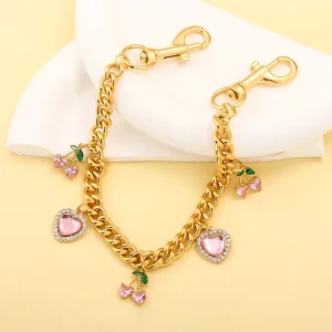 Fashion Bag Charms Extender Chain Golden Rhinestone Cherry Hearts Pendant Keychains