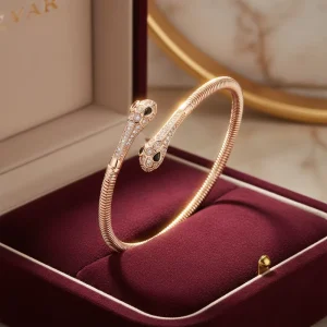 Fashion Bangle Women’s Gold Plated Brass Double Snake Zircon Open Bangle Bracelet Vintage Jewelry Eco Friendly Bangle