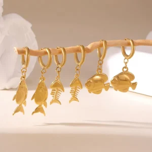 Fashion Beach Stainless Steel Gold Huggie Ocean Style Cute Animal Fishbone Lucky Fish Earring for Women Ladies