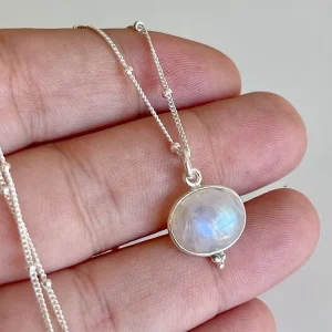 Fashion Bead Chain Natural Stone Pendant Necklace for Women White Gold Sterling Silver 925 Blue Moonstone Oval Pendant Necklace