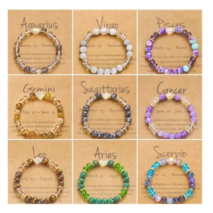 Fashion Beaded Bracelet Colorful Crystal Natural Stone Beads Jewelry Twelve Zodiac Bracelet Femme