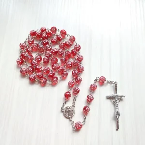 Fashion Beaded Necklaces Colorful Glass Beads Rosario Style Cross Pendant Necklace Long Chain Jewelry for Women