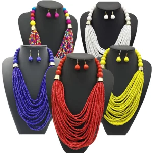 Fashion Beads Jewelry Sets Costume African Colored Bohemian Tassel Rice Bead Necklace