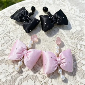 Fashion Black Polka Dot Bow Earrings Sweet Holiday Style Pink Satin Bowknot Pearl Earrings Jewelry for Women
