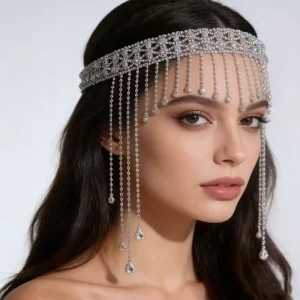 Fashion Bling Crystal Fringe Head Chain Adjustable Silver Plated Oversized Headwear Bride Pageant Concert Party Hair Accessories
