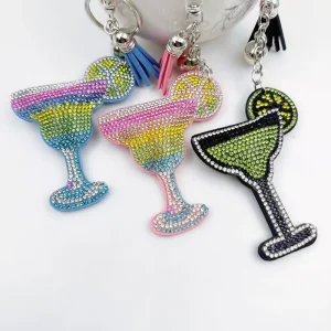 Fashion Bling Rhinestones Wine Glass Keychain Leather Inlaid with Diamonds Lemon High Footed Cup Tassel Bag Pendant