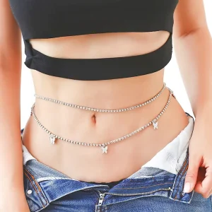 Fashion Body Jewelry Artificial Rhinestone Butterfly Fringe Waist Chain