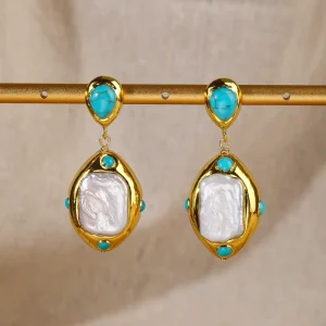 Fashion Bohemia Natural Square Pearl 18K Gold Plated Pendant Earrings Unisex Party Unique Design Daily Wear Jewelry