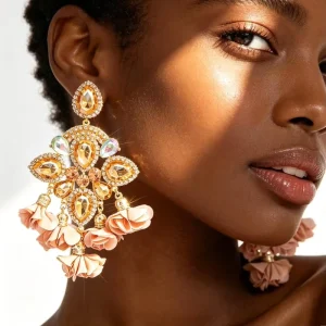 Fashion Bohemian Color Diamond Crystal Gold Plated Dangle Earrings Women Brown Flower Boho Statement Earrings