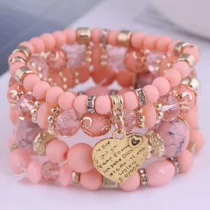 Fashion Bohemian Ethnic Style Multi-layer Bracelet Crystal Heart Charm Beaded Bracelet