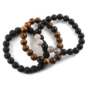 Fashion Bohemian Men Customizable Handmade Jewelry 10mm Mixed Natural Tiger Eye Black Gemstone Wood Bracelet