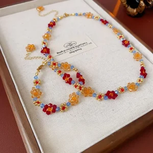 Fashion Bohemian Vacation Style Colorful Beaded Jewelry Set Charm Colorful Flower Necklace Bracelet 2Pcs for Women Accessories