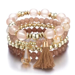Fashion Boho Crystal Beads Lady Elastic Multilayer Bracelet Handmade for Womans Tassel Beaded Bracelet