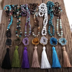 Fashion Boho Jewelry Women Gift Natural Stone Crystal Glass Beads Tassel Necklace Irregular Druzy Drop Pendant Necklace