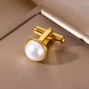 Fashion Boutique 18K Gold Plated Stainless Steel Faux Pearl Luxury Cufflinks for Men Women Trendy Suit Party Anniversary Gift