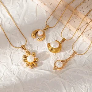 Fashion Bows Flower Necklaces Stainless Steel Pearl Trendy Necklace for Women Link Chain